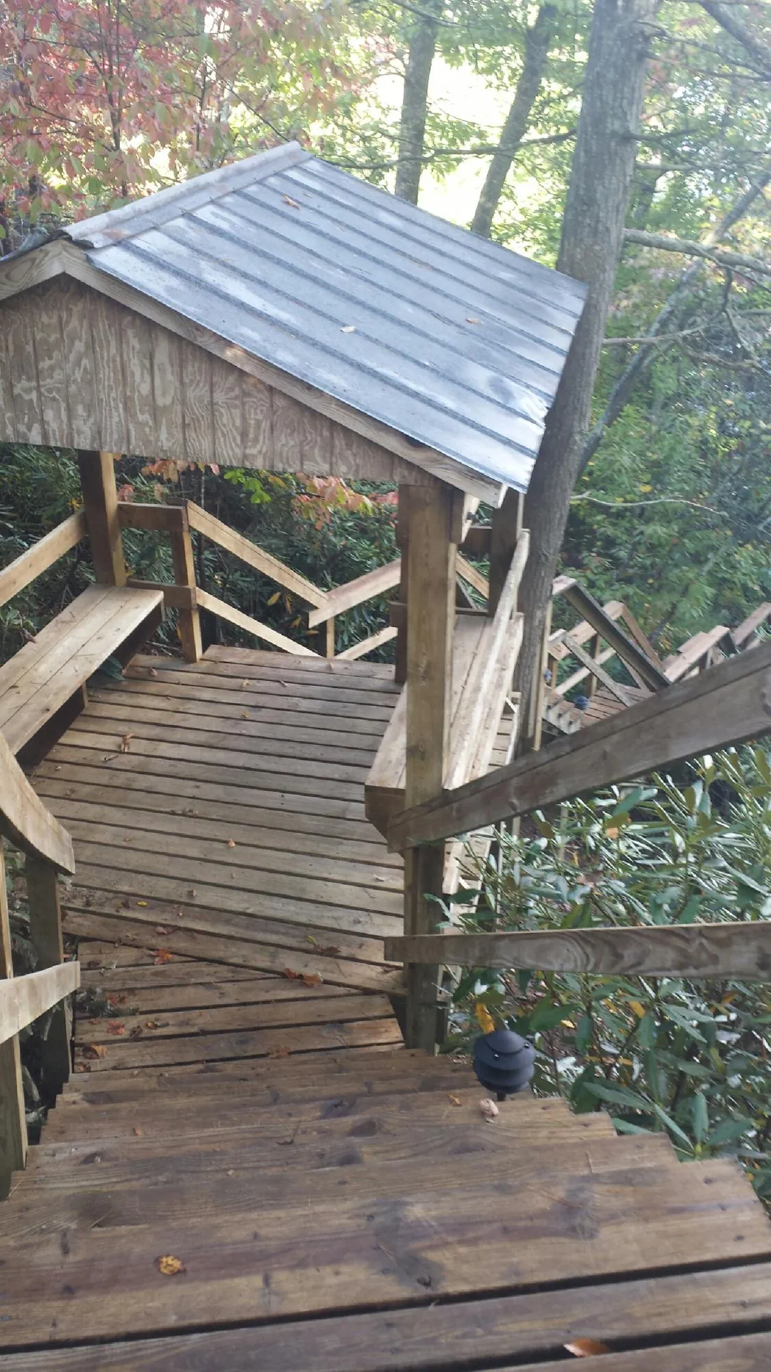 Metal roofed shelter over wooden steps on a wooded walkway — Skylight Repair & Installation work by our crew in Withams